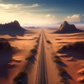 ai generated a drone view of a long road crossing a desert area and disappearing into the horizon