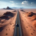 ai generated a drone view of a long road crossing a desert area and disappearing into the horizon