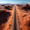 ai generated a drone view of a long road crossing a desert area and disappearing into the horizon Royalty Free Stock Photo