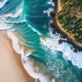 AI generated drone view from the top of sea waves between a sandy and a rocky beach