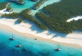 AI generated drone view of yachts on the shores of blue, turquoise sea with white sand beaches and islands full of green forests