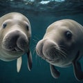 AI generated Dugongs posing for a portrait shot in the depths of the sea Royalty Free Stock Photo