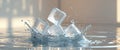A dynamic display of ice cubes splashing water amidst glimmering reflections in a softly lit setting