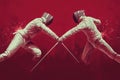 Clash of Swords Fencing Duel Intense Competition Sparks Flying Athletes Action Red Background Royalty Free Stock Photo