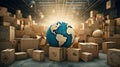 AI-Generated: Earth Globe Surrounded by Cardboard Boxes Royalty Free Stock Photo