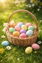 Soft Spring Easter Basket With Pastel Painted Eggs In Sunlit Garden Royalty Free Stock Photo