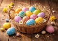 Traditional Easter Basket Filled With Painted Eggs On Rustic Wooden Table Royalty Free Stock Photo