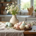 AI-generated Easter-themed kitchen table with pastel eggs, flowers and linen Royalty Free Stock Photo
