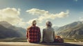 AI generated, elderly couple sitting,taking a break during summer, watching the surrounding mountains and valley.