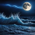 AI generated electrifying night landscape depicting high tidal sea waves under full moon