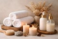 Luxury Bathroom Spa Still Life With Towels Candles And Natural Decor Royalty Free Stock Photo