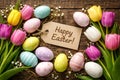 Elegant Easter Wreath Composition With Pastel Eggs Tulips And Natural Textures Royalty Free Stock Photo