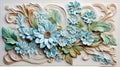 Painted wood carving effect blue floral design on white. Generative AI. Royalty Free Stock Photo