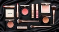 AI-generated Elegant Rose Gold Makeup Collection Layout Featuring Lipsticks Bronzer Blush Brushes And Compact Powders Royalty Free Stock Photo