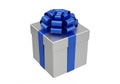 AI generated. Elegant Silver Gift Box with Blue Ribbon and Bow on White Royalty Free Stock Photo