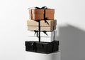 AI generated. Elegant Stack of Luxury Gift Boxes with Black Ribbons Royalty Free Stock Photo