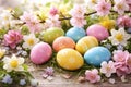 Colorful Easter Eggs Surrounded By Spring Blossoms On Rustic Wooden Table Royalty Free Stock Photo