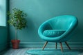 Elegant turquoise chair in modern living room with plant decor, creating a stylish and refreshing interior space with a contemp