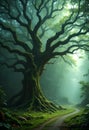 Giant Twisted Tree With Curving Path And Sunlight In Enchanted Forest Landscape Royalty Free Stock Photo