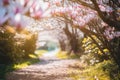 Dream like magnolia blossom path with natural sunlight