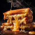 warm and gooey grilled cheese sandwich, with melted cheese oozing out of crispy bread slices by AI generated