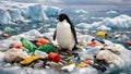 Lonely Penguin Standing Among Plastic Waste On Melting Ice Environmental Crisis Concept Royalty Free Stock Photo