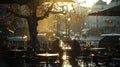 Evening glow at a cozy street cafe with empty chairs.