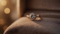 AI generated Exquisitely designed diamond cluster engagement ring being elegantly displayed on a plush beige upholstered surface. Royalty Free Stock Photo