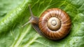 AI-generated Snail Shell Detail on Green Leaf Royalty Free Stock Photo