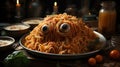 Eyeball pasta in spooky Halloween sauce. Creepy and delicious macabre cuisine. Perfect for a frightful October celebration