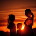 Warm Silhouette Family Portrait, Minimalist Design, Shot with Wide-Angle Lens, Made with Generative AI