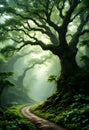 Enchanted Forest Path Beneath Towering Ancient Trees With Soft Diffused Light Royalty Free Stock Photo