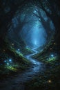 Enchanted Forest Path With Soft Glowing Lights And Magical Night Mood Royalty Free Stock Photo