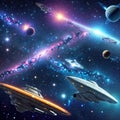 Fantasy starships in colorful space - AI generated Royalty Free Stock Photo