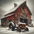 Rundown Red Barn Tractor Farm Machinery Equipment Old Rusted Abandoned Agriculture Barn AI Generated