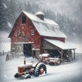 Rustic Red Barn Tractor Farm Machinery Equipment Old Rusted Abandoned Agriculture Barn AI Generated Royalty Free Stock Photo