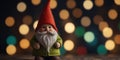 Felt gnome with bokeh lights in the background.