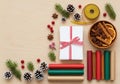 AI generated. Festive Christmas Gift Wrapping and Decor Flat Lay on Wood Royalty Free Stock Photo