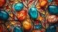 AI Generated. A festive composition of unusual designer Easter eggs made of bright colored glass.