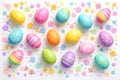 Pastel Easter Eggs Flat Lay With Decorative Paper Flowers On Clean White Background Royalty Free Stock Photo