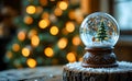 Charming Christmas Snow Globe With Miniature Tree And Warm Holiday Lights Royalty Free Stock Photo
