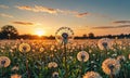 A field of dandelions is in full bloom, with the sun setting in the background. Royalty Free Stock Photo