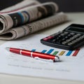 AI-Generated Financial Workspace: Rolled Newspapers, Calculator, Red Pen, and Bar Graphs Royalty Free Stock Photo