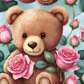 AI generated Firefly teddy bear and pink rose seamless pattern