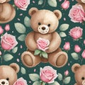 AI generated Firefly teddy bear and pink rose seamless pattern