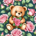 AI generated Firefly teddy bear and pink rose seamless pattern