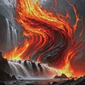 AI generated flames of fire rising huge in the midst of waterfalls