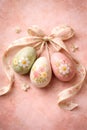 Decorative Floral Easter Eggs With Soft Ribbon On Pastel Spring Background Royalty Free Stock Photo