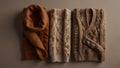 AI generated Variety of woolen textures and neutral brown colors are showcased in a minimalist flat lay composition of sweaters Royalty Free Stock Photo