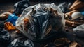 Flatlay crumpled plastic bag Non-decaying trash Environmental pollution concept Ecology and separate sorting of trash